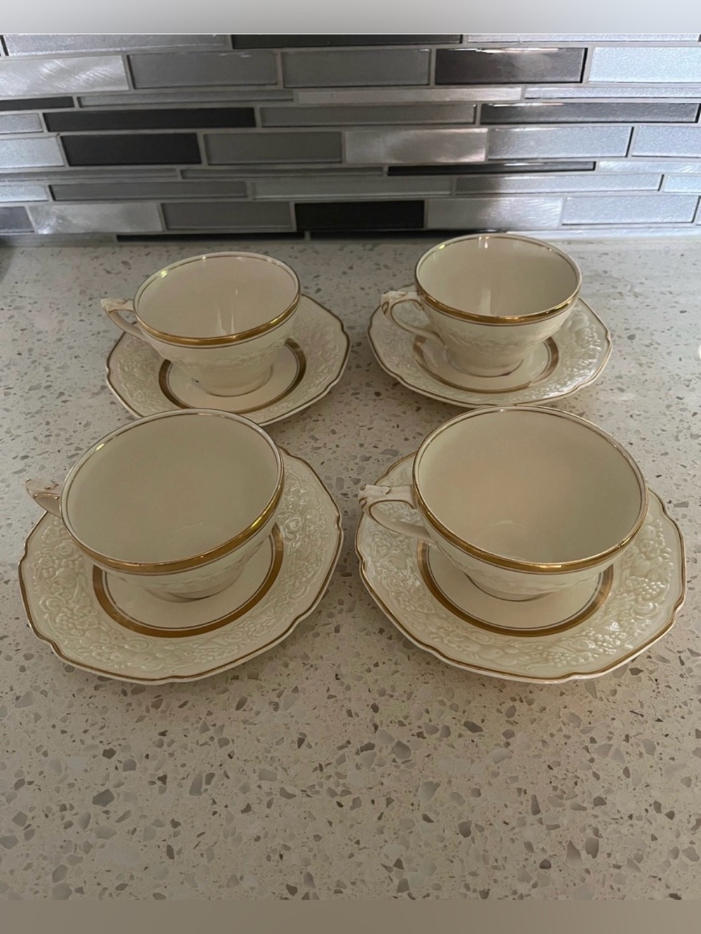 Classic Cream and Gold Porcelain Teacup and Saucer Set - 4 Sets